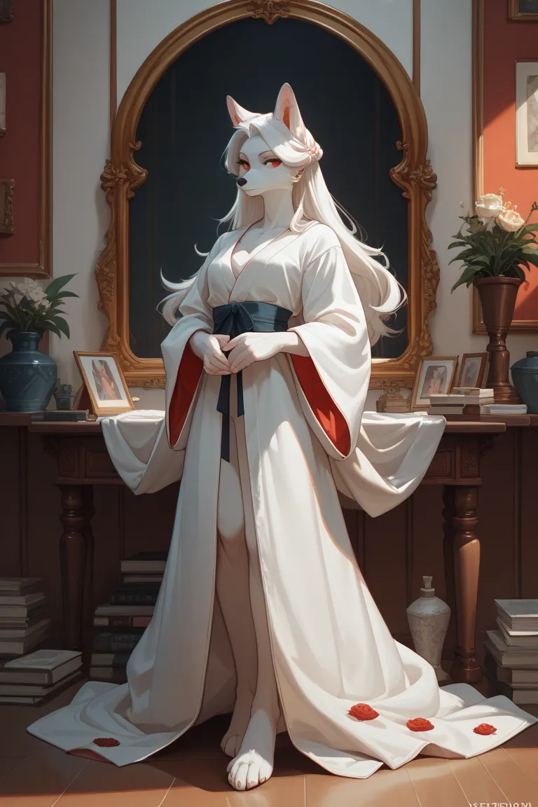 （ alone），High quality，Full body picture，female anthropomorphic fox， white fur ， long white hair，Red Eyes，Princess， white robe ，Well-proportioned body