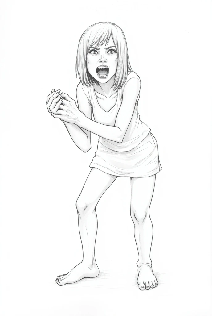 Line drawing of a girl who was bitten by a snake and is in pain 