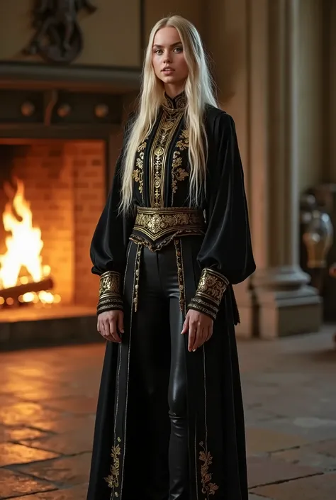 live-action、Real、Beautiful Swiss girl in medieval black wide mini tunic over  black leggings, long legs, Light wave blonde、Long Straight Hair、Hime cut、The tinic has beautiful patterns engraved in gold.、clear、Stand in room with fireplace inside a castle, wh...