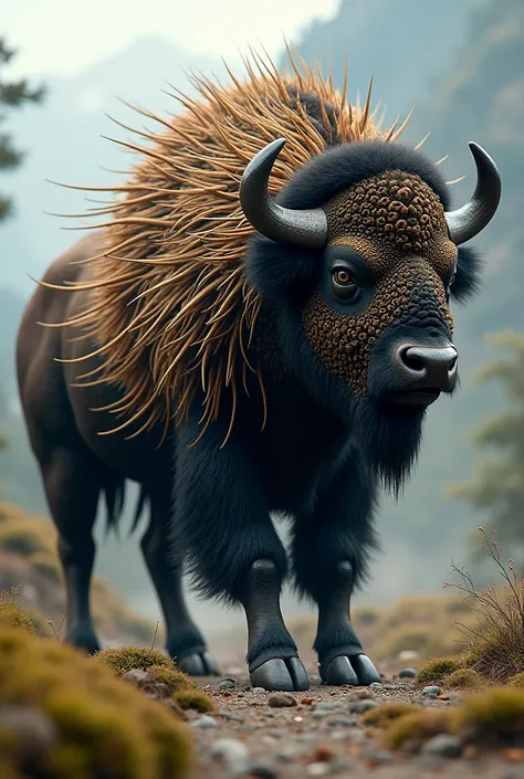 Creat a hybrid crypted animal take an inspection by the bison and Porcupine more advanced 