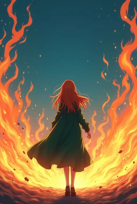 anime woman viewed from behind. She has long ginger hair and wears black attire with a green cloak. She stands on the ground, surrounded by vivid flames, while the sky above her remains a clear, deep blue, reflecting a serene yet intense atmosphere."

