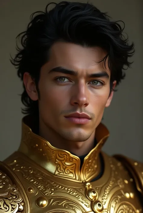 Black hair gray eyes,  marked features , man, rico, flirty, arrogant, beautiful, rogue, with wavy hair ,  with full armor from Colos Gold,  young and elegant features  