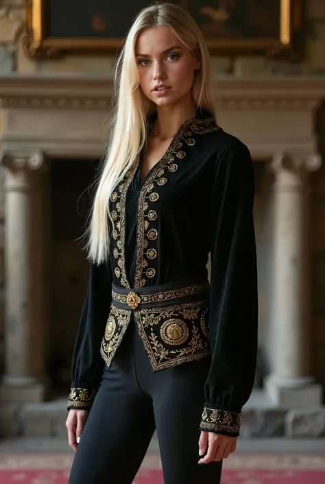 live-action、Real、Beautiful Swiss girl in medieval black mini tunic over  black leggings, long legs, Light wave blonde、Long Straight Hair、Hime cut、The tunic has beautiful patterns engraved in gold.、clear、Stand in room with fireplace inside medieval castle, ...