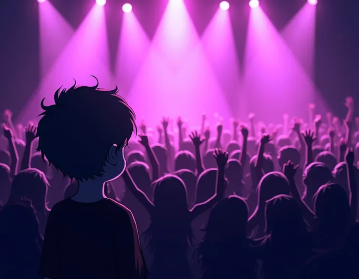 View from the stage looking out toward an audience of chibi-style characters, shown as simple, expressionless silhouettes with various cheering poses like raised arms and waving. The scene has a purple-toned atmosphere with lighting shining from the stage,...