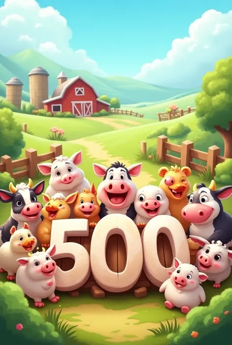 500 members and growing daily written on image, celebration, farm theme, cartoonized, farm animals