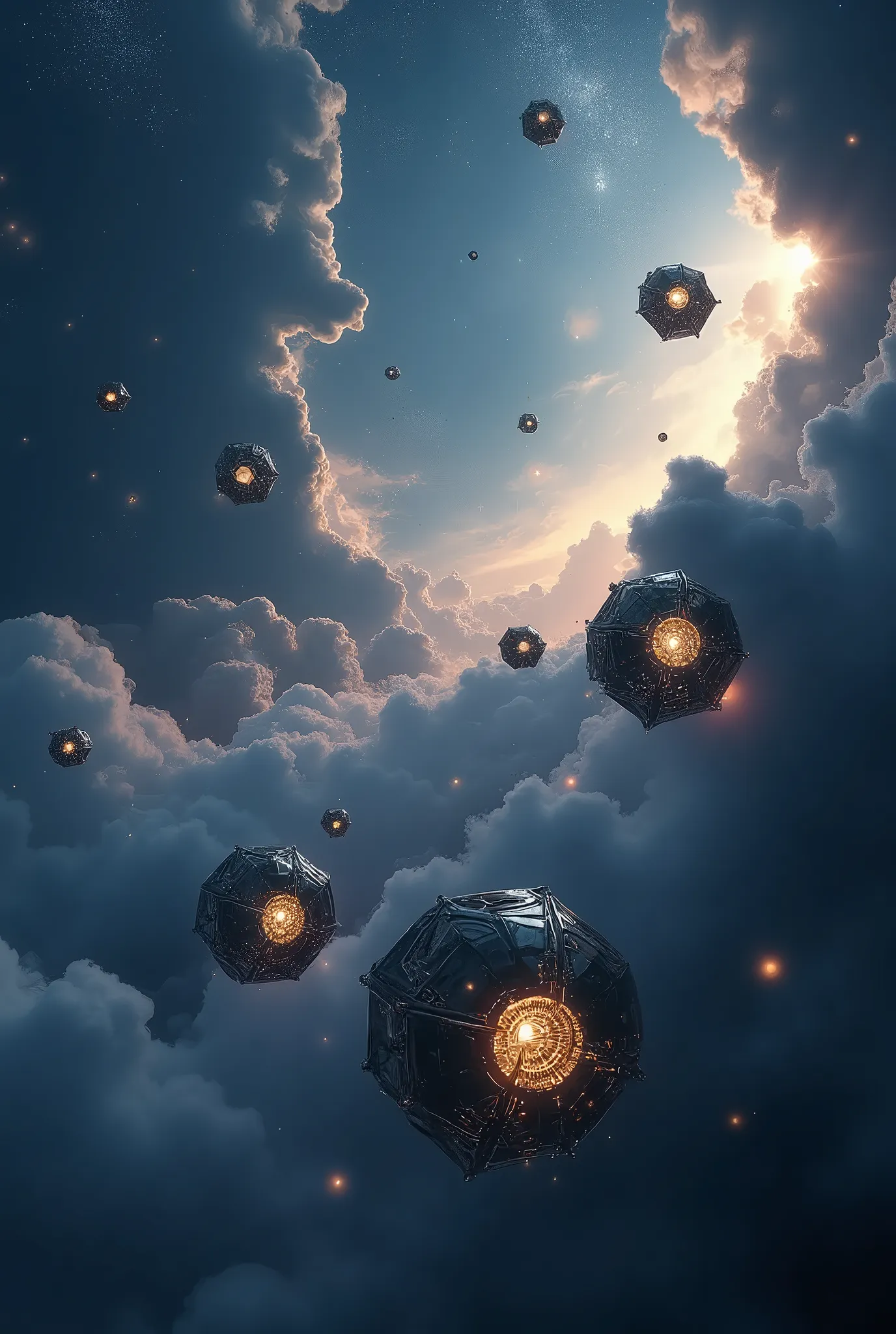 Many very futuristic shaped mechanical lantern drifting in a very beautiful galaxy. dynamic camera work. scene of great science fiction movie. realistic, great  advertisement picture