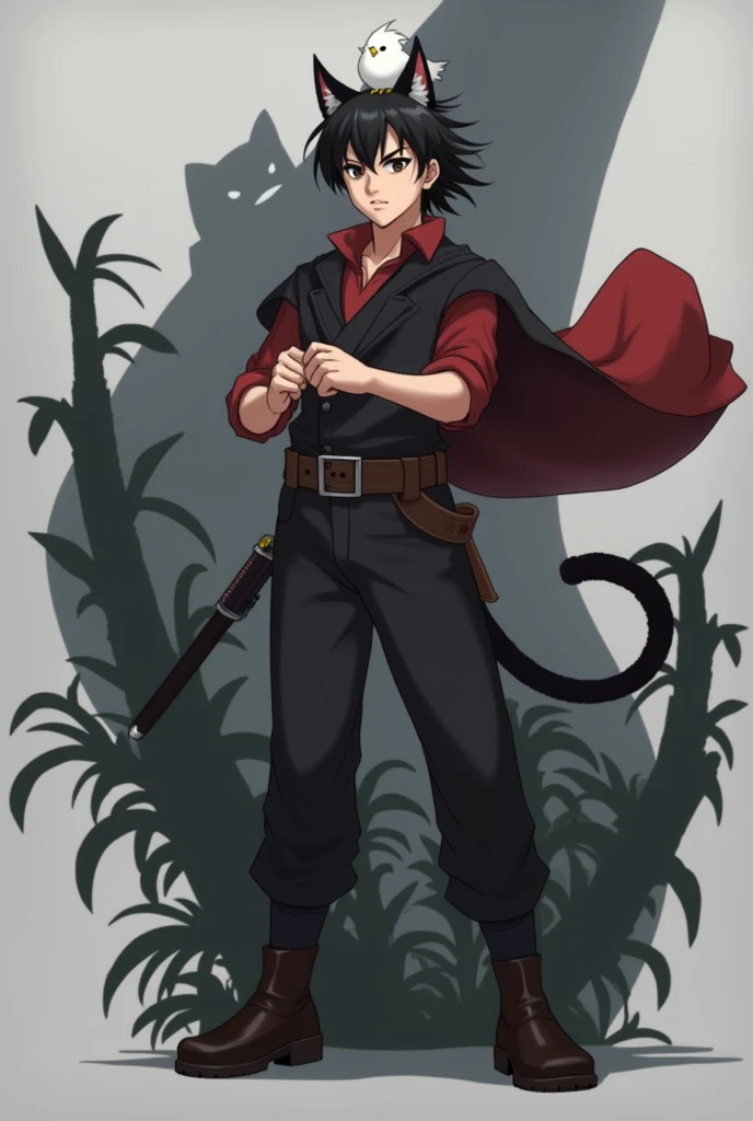 Anime art style , man , 20 years old , fighter , cat-boy, serious , cool , middle part shadow fade haircut , black hair , brown eyes colour , jungles dark woods surrounding backround ,  full body clothing , fluffy white bird sitting on top of his head , ca...