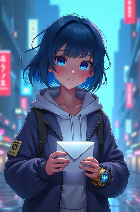 A courier teenage girl in a futuristic scifi world. She have dark blue hair and blue eyes. She very carefree girl, wearing a watch that glow. She holding a paper envelope.