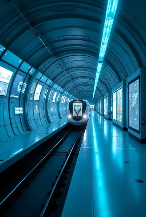 Futuristic subway system with information screens
