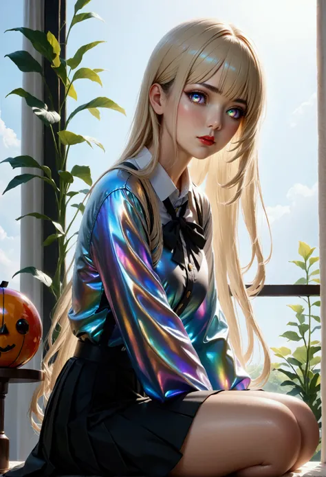 1maturegirl,mahiru shina, Long smooth straight light golden hair, iridescent eyes,aesthetic curvy figure,sitting in jk uniform.masterpiece, super detail,detailed eyes, best quality, 8k,realistic