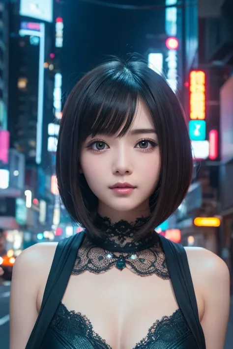 Best Quality、masterpiece、 Hi-Res、 BOB CUT HAIR、anime、４k、 cute face、Skyscrapers lined up in cyberpunk