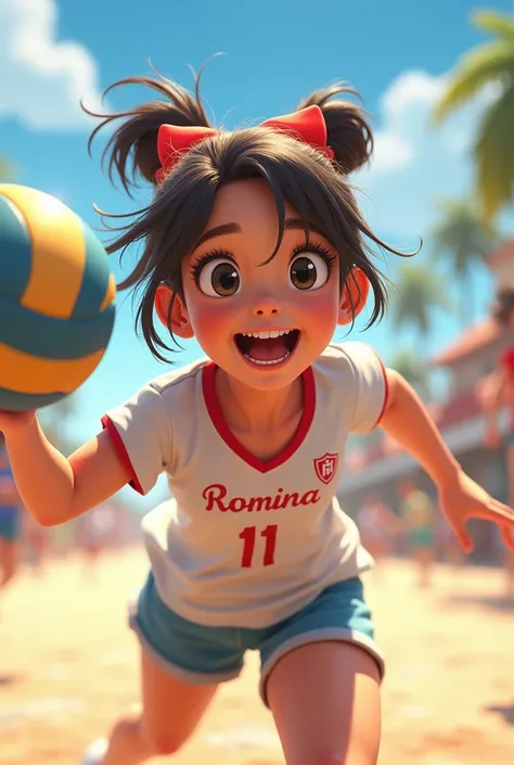 Girl playing with volleyball that her shirt says “Romina”