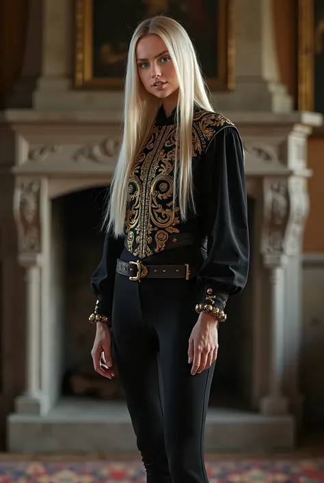 live-action、Real、Beautiful Swiss girl in medieval black mini tunic over  black leggings, long legs, Light wave blonde、Long Straight Hair、Hime cut、The tunic has beautiful patterns engraved in gold.、clear、Stand in room with fireplace inside medieval castle, ...