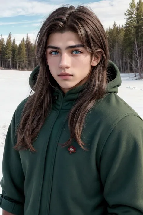  a 20-year-old Mexican boy ,  green eyes, muscular of 1. 85 cm with a brown-haired Canadian girl, muscular blue eyes of 1 . 75 on a Canadian meadow in winter 