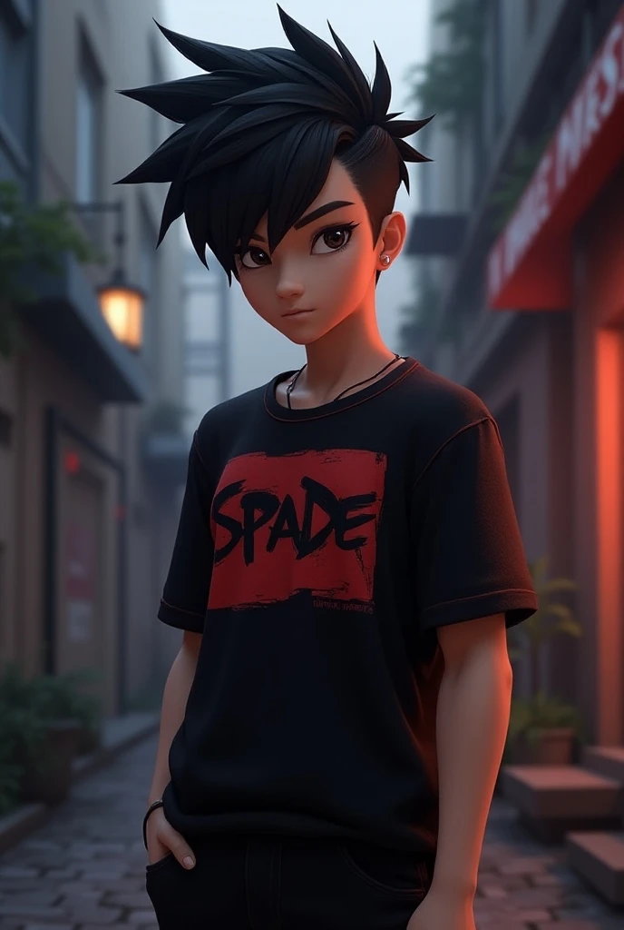 A 3D realistic anime boy gangster stands confidently, wearing a stylish black and red t-shirt emblazoned with "SPADE." His pompadour short dark , unique hairstyle, realistic style, one side haircut, fashionable haircut  , set against a gritty urban backdro...