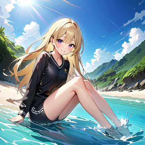 ((32K)), ((Best Quality)), (( ultra high resolution )), (( Hi-Res)), ((超 Hi-Res)), (( very detailed CG)), ((unity 32K wallpaper)), (masterpiece, Best Quality),( 1 girl)、 beautiful dark eyes 、Blonde, straight long hair、smile、blush、Small breasts、black long s...