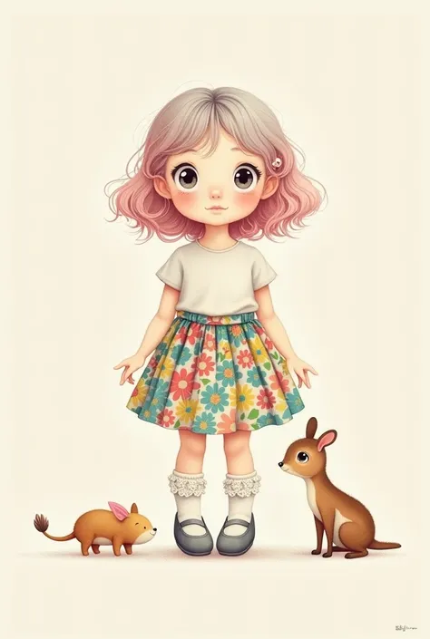 Create a minimalistic and simple illustration of a girl with curly hair in a blue-green gradient color .  Create a minimalistic and simple illustration of a girl with curly hair in pink and gray gradient colors 、  The girl must wear a colorful floral skirt...