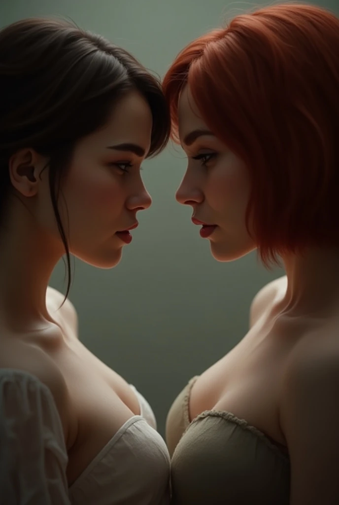 Two women, facing each other

In the frame, only the bust and face appear, nothing else. 

The woman on the right is a redhead and has short, shoulder-length hair. 

They are far apart 