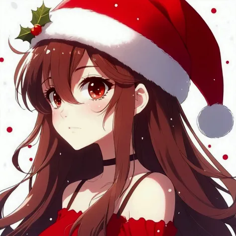 Anime style. Face shot. The picture depicts a young  woman with long dark brown hair and dark brown eyes. She is wearing a red dress and a Santa hat. The background is a white and red dotted pattern that gives the impression of falling snow. The image evok...