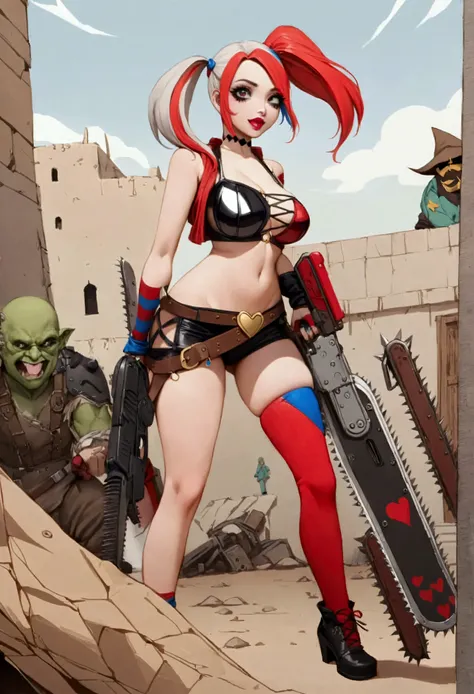 a cute woman {role of Harley Quinn, wasteland sexy armor with badly drawn on hearts and messages, chainsaw, pistol) is in a post apocalypse world, she is raiding along side a tribe of orcs (savages painted like the Joker and wielding big scary weapons. Rai...