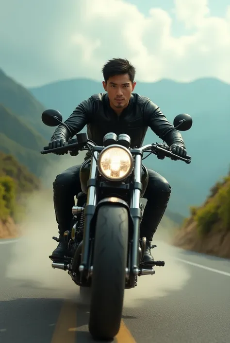 handsome asian guy riding a motorcycle 