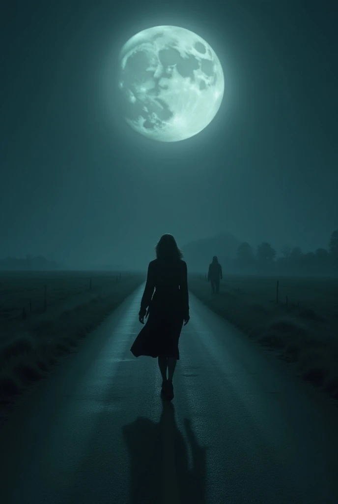  Woman walking down a desolate road at night ,  behind her a hooded man following her, Only moonlight shines 