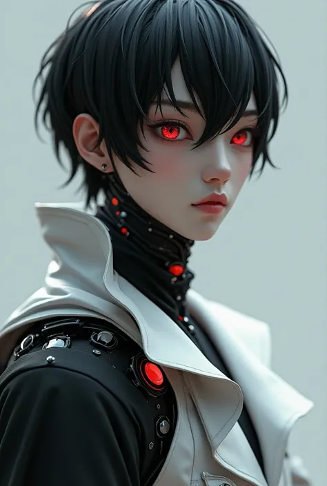 A guy with black hair and redish eyes, wearing a white and black cloak, he has some robot parts too, he looks hot