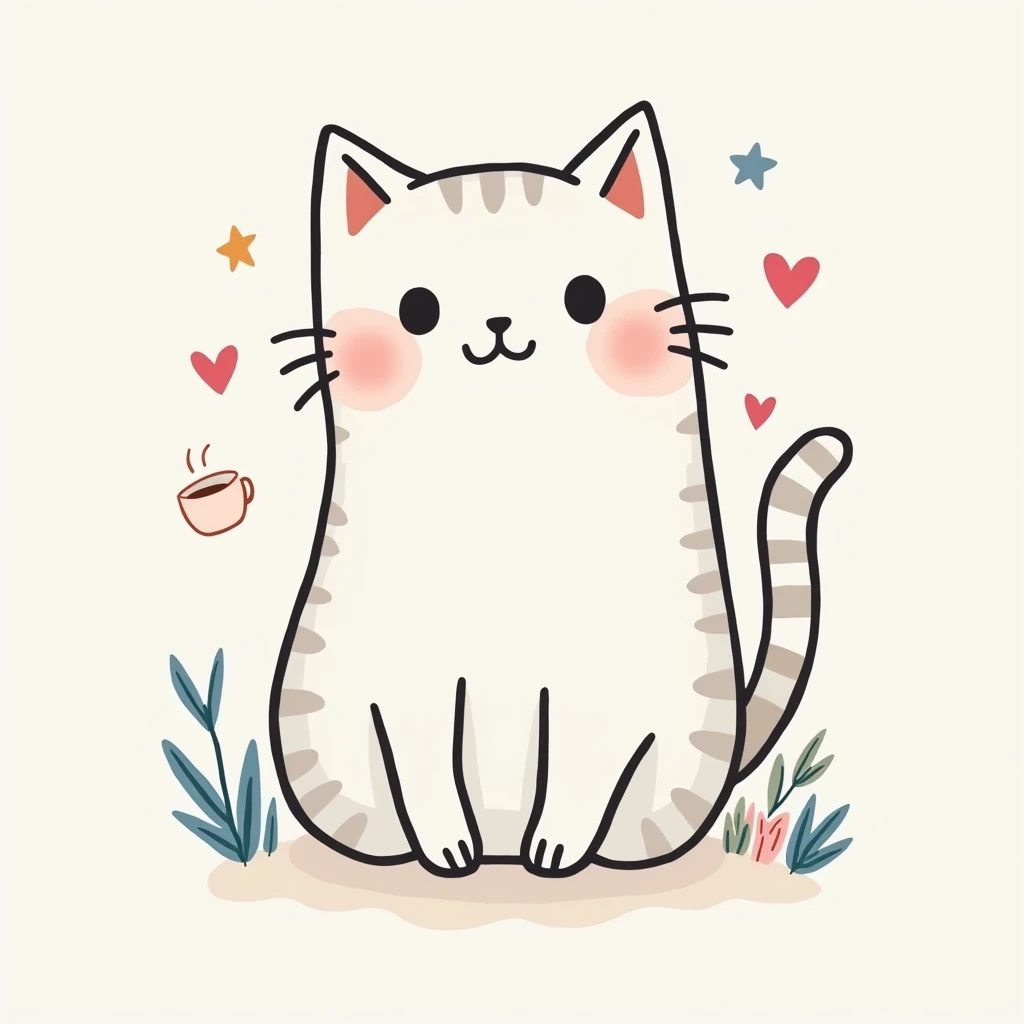 Create a cute, minimalist cat illustration that is perfect for a black T-shirt. Use soft, pastel colors (like light gray, pale pink, baby blue, etc.) for a contemporary and playful feel. The cat should have simple, bold lines, minimal shading, and a whimsi...