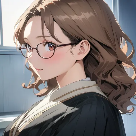 1 female, mature lady, short, ((shy expression)), ((long wavy brown hair)), brown eyes, long eyelashes, large breasts, eyeglasses, black blazer, (in a classroom), (half-length portrait), masterpiece, ultra HD, anime style, (my hero academia art style)