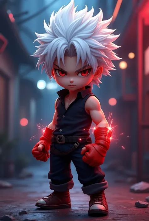 A fierce chibi boy 3 d with striking white hair and a vivid red glove on his right hand, wearing a shirt He stands in a dynamic fighting pose, holding a spray can set against a detailed neon-lit urban background, exhibiting a blend of NeoGeo and Tekken art...