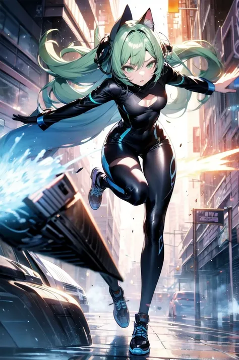 A beautiful girl with silver cat ears, green eyes, silver hair, long hair, black and white battle suit that fits her body perfectly, the background is the night city, the age is 14, dark night, sweat, steam from exhalation, dynamic angles, dynamic action p...