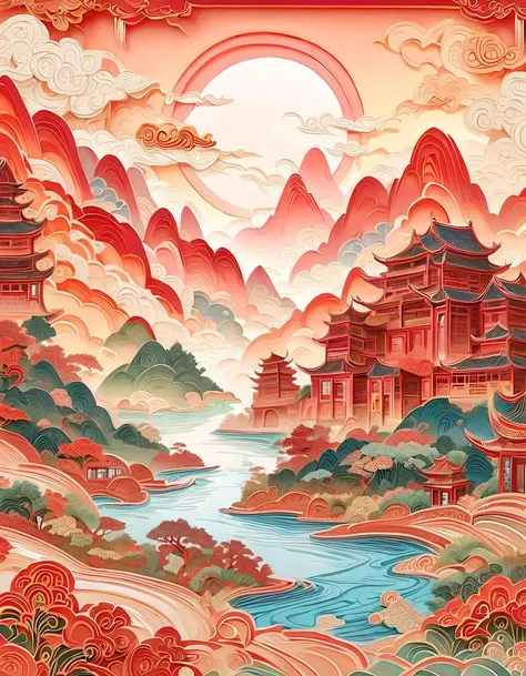 There are photos of Chinese landscapes, there are many flowers in it, temple background, Chinese windows, flying dragon gods and phoenixes, backgrounds depicting temples, digital painting of towers, Chinese watercolor style, palace backgrounds, fairy tale-...