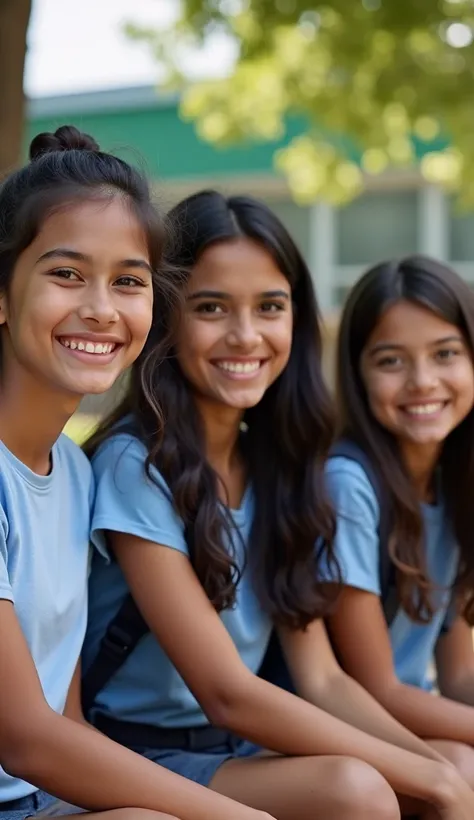  A group of a man and two 15-year-old adolescent Mexican women in school uniform,  sitting on a bench in a Mexican high school .  The scene is full of vibrant and bright colors ,  with a background that reflects the school environment ,  showing authentic ...