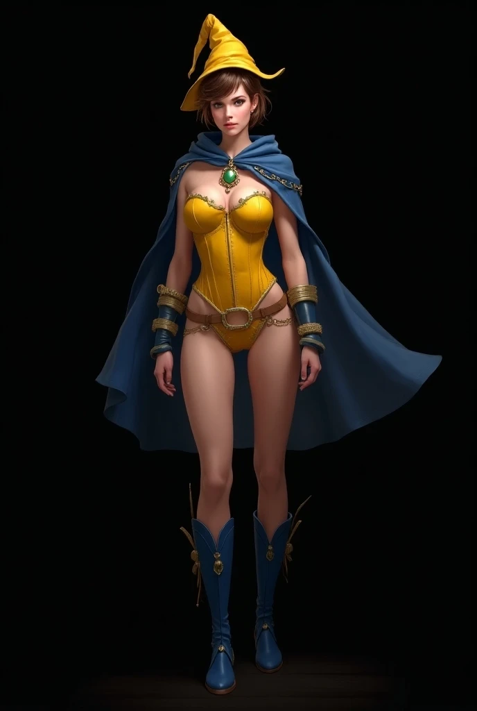  A very realistic full body illustration of a young woman,  short brown hair.   It has a medieval style , dressed in a yellow latex corset,  a small blue cape , blue booties ,  yellow wizard hat .  The median stays firm ,  her outfit and behavior reflect a...