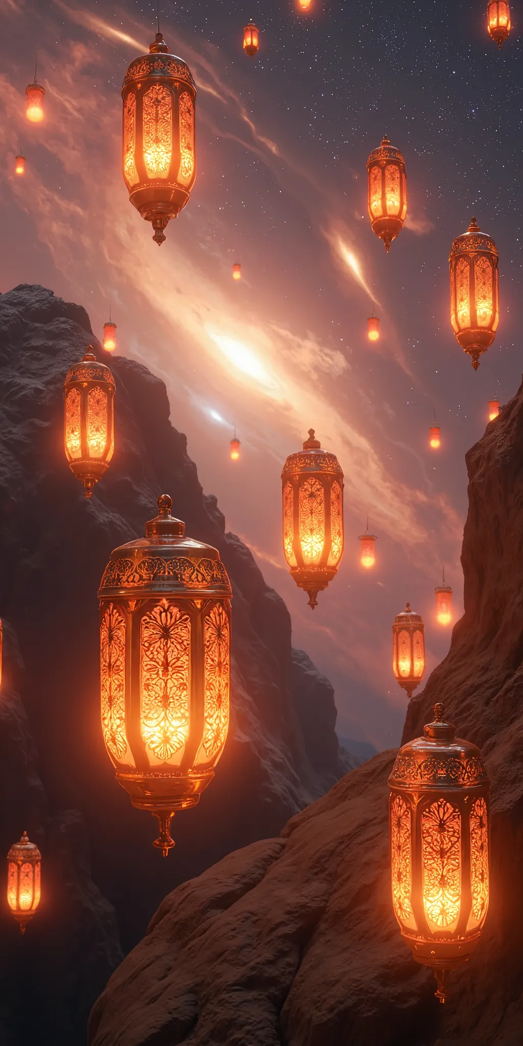 many very futuristic shaped lanterns floating in a very beautiful cosmic space. dynamic camera work. scene of great science fict...