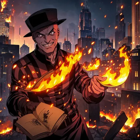 1 character, bald, black fedora hat, Freddy Krueger,  smiling, holding a book, city at night, fire particles,  lyrics, Detailed 