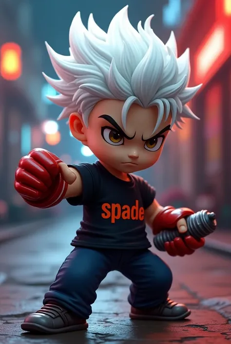 A fierce chibi boy 3 d with striking white hair and a vivid red glove on his right hand, wearing a shirt with the name text " SPADE." He stands in a dynamic fighting pose, holding a spray can set against a detailed neon-lit urban background, exhibiting a b...