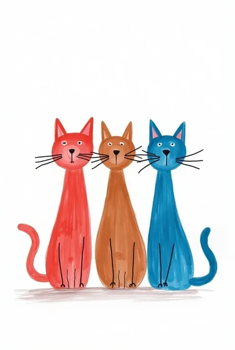 ((Three cats)), one drawn in red crayon, one drawn in brown crayon, one drawn in blue crayon, in the style of a three-year-old , white background. 