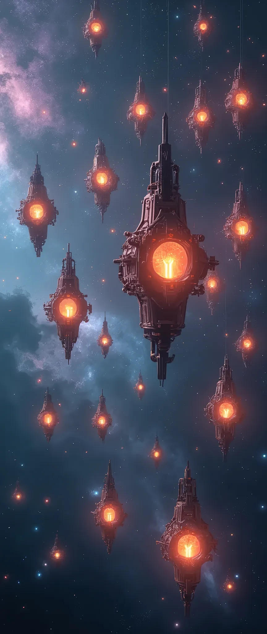 Many very futuristic shaped mechanical lantern drifting in a very dark very beautiful galaxy.beautiful stars,beautiful nebula. dynamic camera work. scene of great science fiction movie. realistic, great  advertisement picture