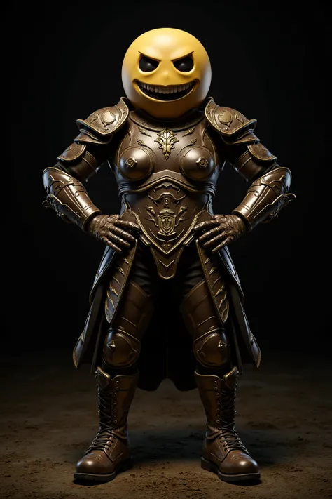 generate images of (fat) character of (emoji head) zany scarecrow with a horror fantasy theme,(hands on hips:1.5), armor must be highly intricate military style, armor must be inspired by emoji, elegant, and visually striking, highly detailed boots, resemb...