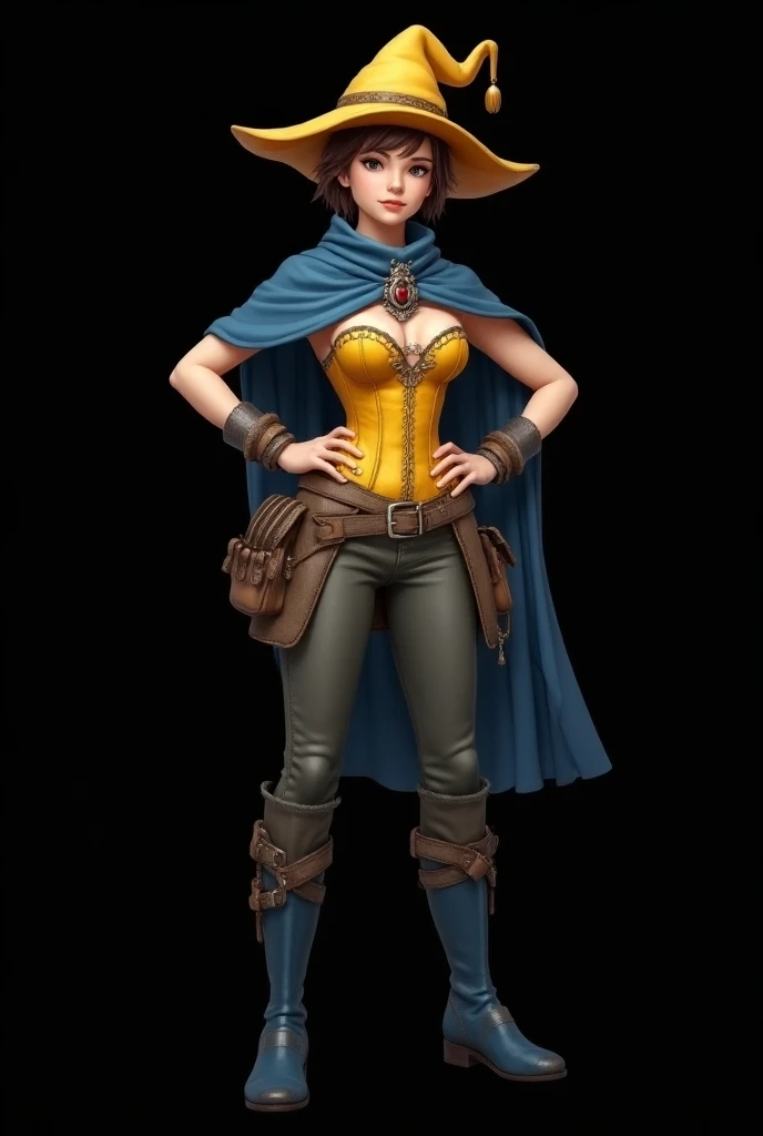  A very realistic full body illustration of a young woman,  short brown hair.   It has a medieval style , dressed in a yellow latex corset,  a small blue cape , blue booties , yellow wizard hat.  The median stays firm ,  her outfit and behavior reflect adv...