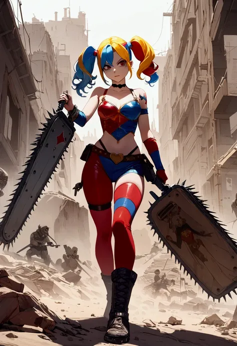 a cute woman {role of Harley Quinn, wasteland sexy armor with badly drawn on hearts and messages, chainsaw, pistol) is in a post apocalypse world, she is raiding along side a tribe of orcs (savages painted like the Joker and wielding big scary weapons. Rai...