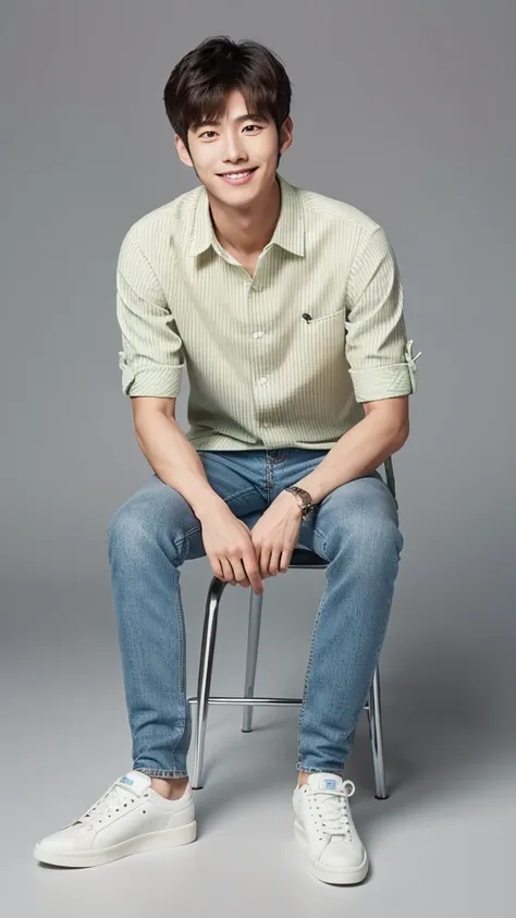 Korean, male, university student, Wearing shorts, Sitting, ((full body)), (super sharp focus), smile, Anatomically correct, 

Shein is about 175cm tall.  He is a delicate-looking person ,  with a thin body and very fair skin .  The hair is greyish white an...