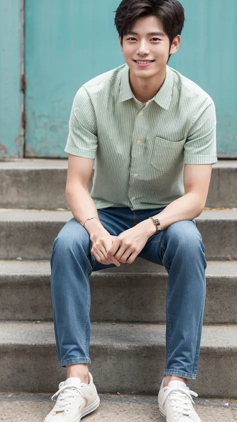 Korean, male, university student, Wearing shorts, Sitting, ((full body)), (super sharp focus), smile, Anatomically correct, 

Shein is about 175cm tall.  He is a delicate-looking person ,  with a thin body and very fair skin .  The hair is greyish white an...