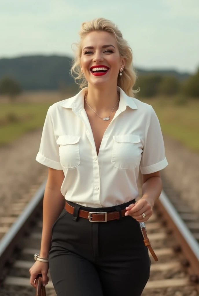 White glamour American lady, wearing an White deep-necked pilot shirt, 1950s, laughing with her mouth open, red lipstick accentuating her smile, accessorized with a stylish belt, holding a leather whip, jewerly, white skin, wide hips, lady walking on rails...