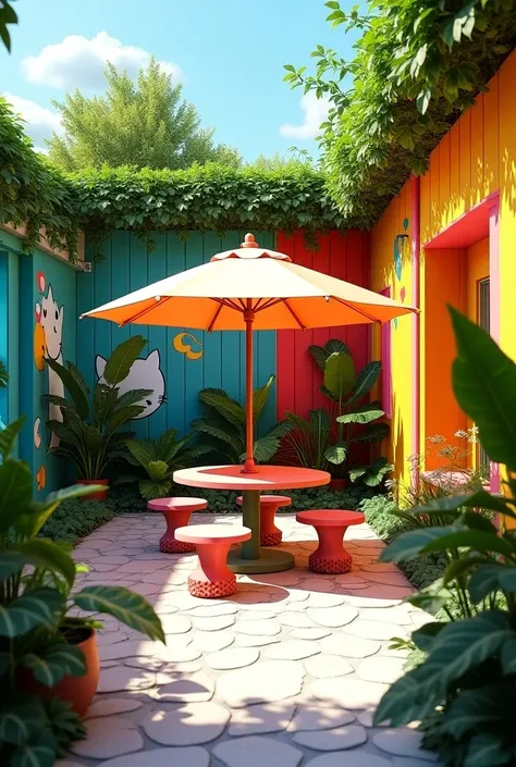 backyard of a house.  Walls that meet and form a quinine. Plants on the edge of the wall .  Colored walls with cat graffiti .  Floor covered with white stones .  Garden table with umbrella 