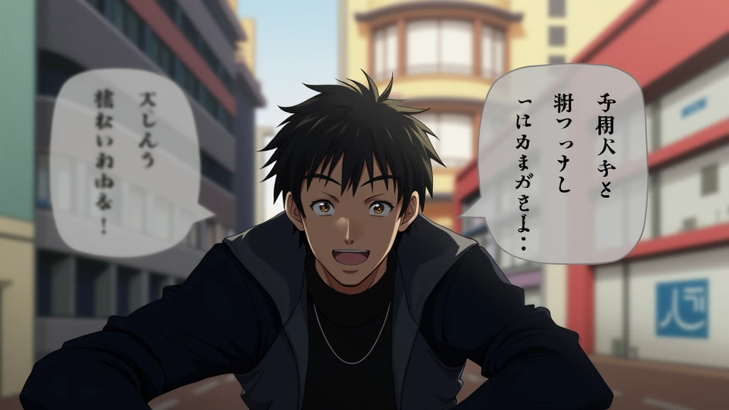  Talking with a bubble word in Japanese,Anime series cover,Anime manga style, anime series named “A happy ending”, A happy looking adult Man, Black coloured hair, Amber eyes