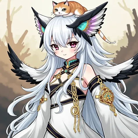  Do it with a live cat on your head of that color,  and leave the wings and tail like that of a snow owl ,  her hair only white and without those wings , And her clothes leave an Acubi outfit 