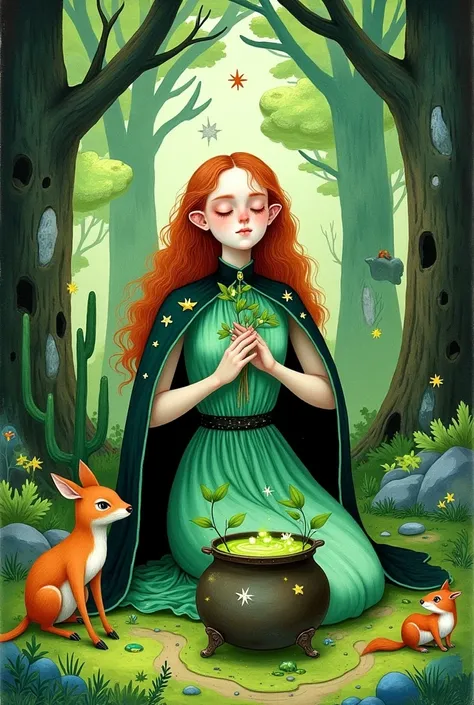 young woman,  closed eyes ,  on her hands ,  green dress and robe , moss ,  holds a mandragora , there is a deer nearby, squirrel,  plant in her hands The green witch hat is decorated with branches and leaves {x} witch cauldron with a bubbling green potion...