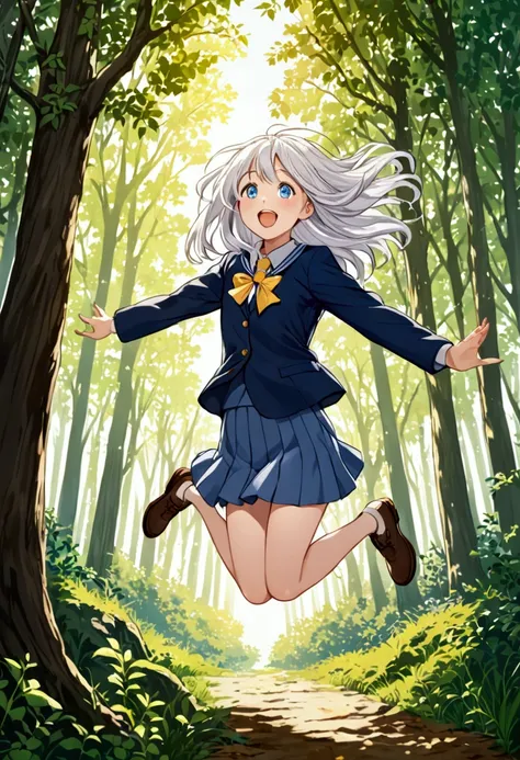 A girl.  The girl has long white hair , School clothes,  blue eyes .  The girl is happy ,  the girl is jumping for happiness.  The girl is in a forest  